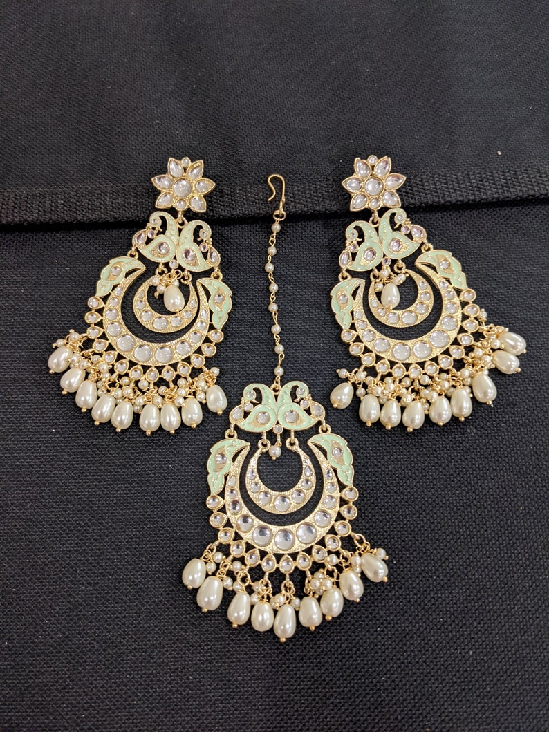 XL Maang Tikka Chandbali Earrings Combo Kundan Earrings Yellow Gold plated Peacock Indian Wedding Jewelry Traditional Earrings Tika