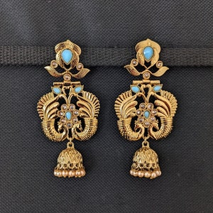 Beautiful Stud Peacock Style Golden Touch Oxidized Stud Jhumka Earrings For Women And Girls Indian Earrings /Weight-8gm Push Back Stud