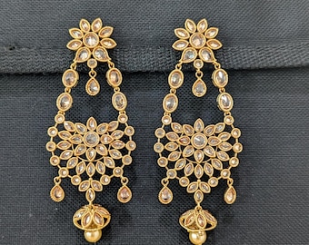 Grand Chandbali Earrings / Small Jhumka dangle Polki Earrings / Traditional Gold plated Earrings / Long Dangle Statement Earrings