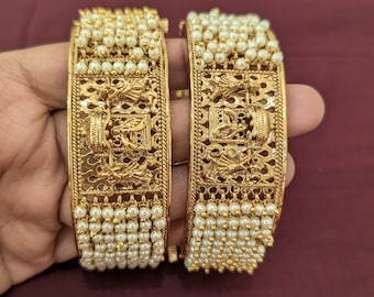 2x8 size Pair bangles / Pearl bangles / Indian Wedding Bharat design Gold plated openable Bangles / Indian Bangles Women Traditional Bangle