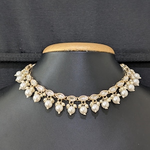 D3 - Glas Kundan Choker / Vit pärla dingla Indiska smycken / Traditionellt halsband / Festkläder Ljusguldpläterade chokers / Gåva för kvinnor