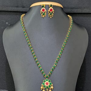 Kemp Haram Stud Set / Haar / South Indian Traditional Jewelry Set / Festive Wear / Blue Green stone Gold Plated Chain Set