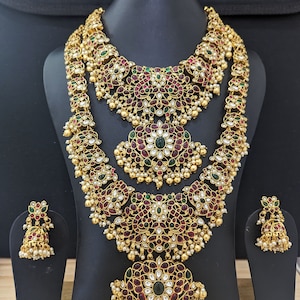 Antikes vergoldetes Haram Choker Halsband Halskette Jumka Ohrring Set / Südindische Hochzeitsschmuck / Kemp Stein Schmuckset