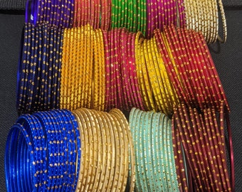 1 dozen Bangles / Gold glitter Indian Wedding Bangles / 2x4 2x6 2x8 Colorful Thin Metal Bangles / Bridal Bangles for Women / Return Gifts