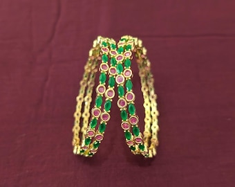 Ruby Green CZ Indian Bangles / Set of 4 Bangles / One gram Gold plated Bangles / Indian Wedding Bangles / Women Bangles / Bangle Bracelet