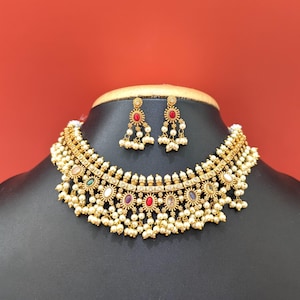 Navaratna stone Mini Choker Set / Traditional Necklace Earrings set / Indian Jewelry set / South Indian Jewelry / Shiny gold plated Chokers