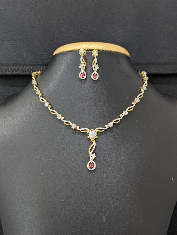 Simple CZ Choker Set Elegant CZ Set Choker Necklace Dangle