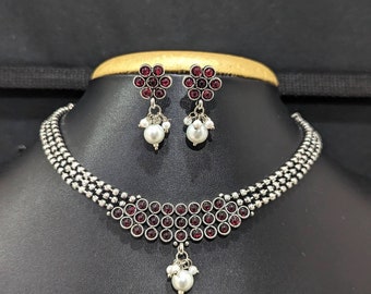 Kemp Chokers / Ohrstecker / Oxidierte Silber Choker Halsketten Set / Traditionelle indische Schmucksets / Geschenke / Einfaches Silber Choker Ohrstecker Set