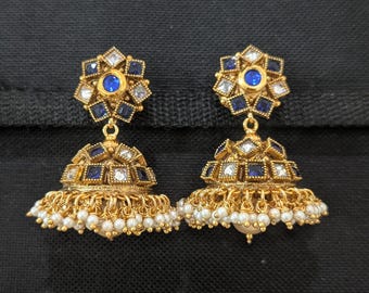 Blue White Polki Large Jhumka / Gold plated Earrings / Indian Bridal Earrings / Guttapusalu Jhumki / Pearl Jumki / Grand Heavy Earrings