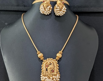 Peacock Pendant Set / Bright Matte Gold plated Necklace Stud Earrings set / Indian Jewelry set / South Indian Jewelry set / Pearl set