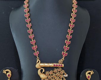 Jhumka dangle Long Haram Set / Haar / Peacock Long Chain Necklace and Jhumka Earrings Set / Indian Ethnic Set / Ruby Polki stone Jewelry Set