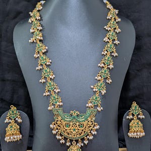 Conjunto de collar y pendientes de cadena larga estilo Guttapusalu Haram / Haar / Tradicional / Conjunto de joyería étnica india / Conjunto de joyería chapada en oro