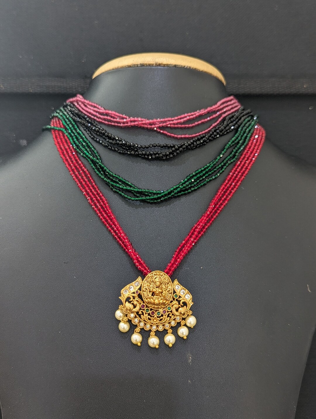 4 Colors Mini Crystal Bead Chain With Antique Pendant / Dull Gold