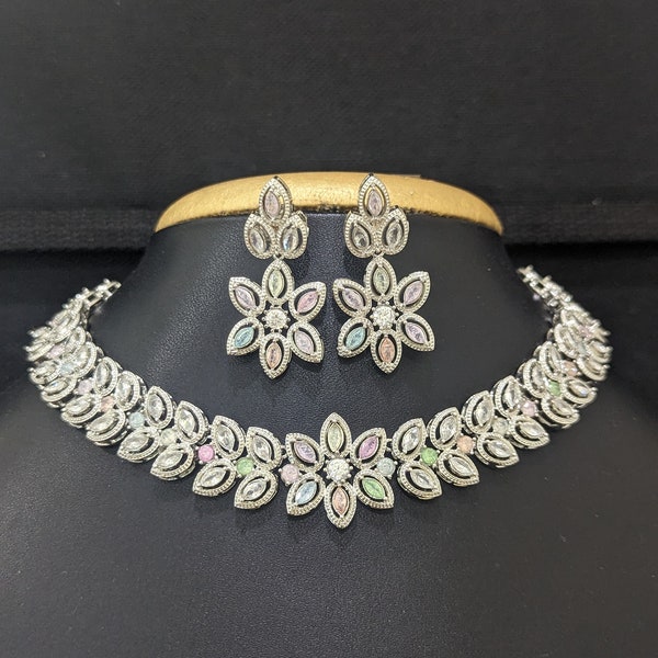 Silver Rhodium Choker Set / Chandbali Earrings / Indian Jewelry / Elegant Chokers / Traditional Jewelry Sets / CZ stone Choker Necklace Set