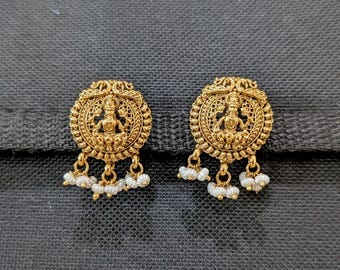 Antique Gold plated Stud Earrings / Indian Studs / Traditional Goddess Lakshmi Earrings / Casual Studs / Casual wear Studs Women Gifts