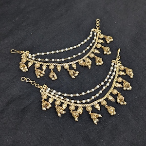 Jhumka dangle Ear Chain / Kaan chain / Champasaralu / Maatal / Triple layer Indian Traditional Ear Chain / Pearl strand /Antique gold plated