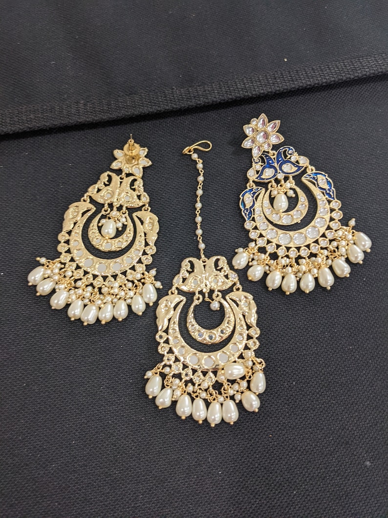 XL Maang Tikka Chandbali Earrings Combo Kundan Earrings Yellow Gold plated Peacock Indian Wedding Jewelry Traditional Earrings Tika