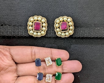 4 colors changeable CZ Stud Earrings / Indian Earrings / Antique gold plated / Studs / Casual Wear / Traditional Studs / Mid size Studs