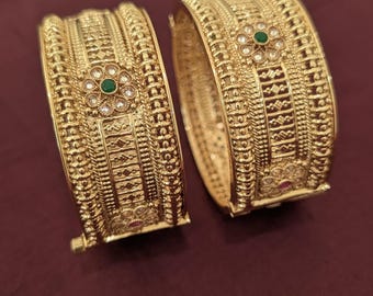 Polki bangles / Openable Broad bangles / Indian Bangles / Gold plated Pair Bangles / Grand Bangle Bracelet / Party wear Bridal Jewelry