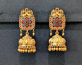 Temple Jewelry / Orange gold Kemp Jhumka Earrings / Ganesh ji embossed Jhumki / Indian Traditional Earrings / Bridal Earrings / Jumka