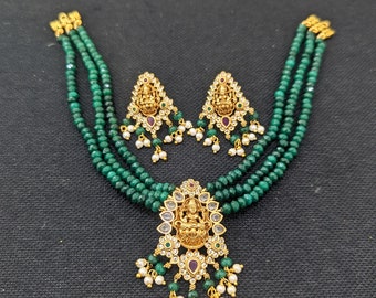 Crystal bead choker set / Antique Gold plated Choker Necklace Earrings set / Indian Jewelry Sets / Goddess Lakshmi Necklace set / Chokers