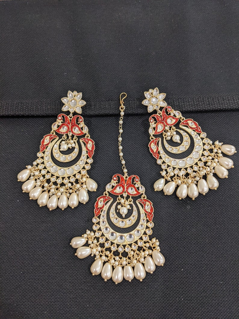 XL Maang Tikka Chandbali Earrings Combo Kundan Earrings Yellow Gold plated Peacock Indian Wedding Jewelry Traditional Earrings Tika