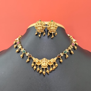 Navaratna stone Goddess Lakshmi Choker Stud Earrings Set / Traditional Necklace Earrings set / Indian Jewelry set / South Indian Jewelry Set