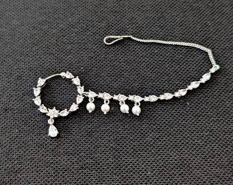 Large Nose ring for pierced nose / Nath / Nose Ring with gold chain - Silver chain / Traditional CZ stone nath / Indian Nath Grand Nose Ring