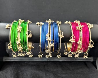 Colorful plain bangles with Kashmiri Ghunghru corner bangles / Thin Metal Bangles / Indian Wedding Jewelry Bangle Bracelet