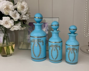 Vintage Portieux Vallerysthal Blue Opaline Decanter Set