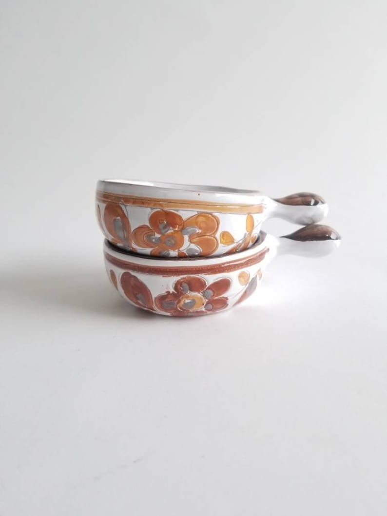 Its Soup Vintage Pair of Italian Glazed Clay Hand Painted Handled Bowls