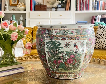 Vintage Asian Rose Medallion Fish Bowl Planter Table (NO STAND)