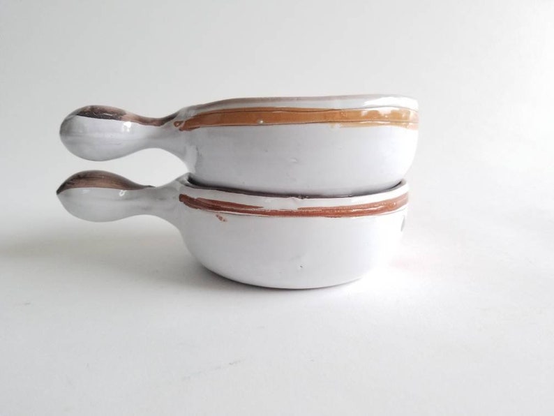 Its Soup Vintage Pair of Italian Glazed Clay Hand Painted Handled Bowls
