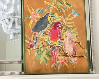 Vintage Framed Fabric Dyed Parrot Painting