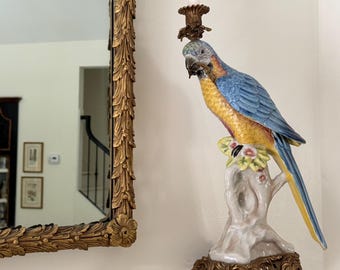 Vintage Porcelain Parrot Candlestick Holder W/ Bronze Ormolu Mounts EACH