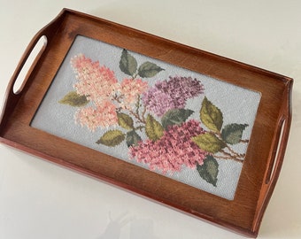 Vintage Wood and Glass Needlepoint Hydrangeas Tray