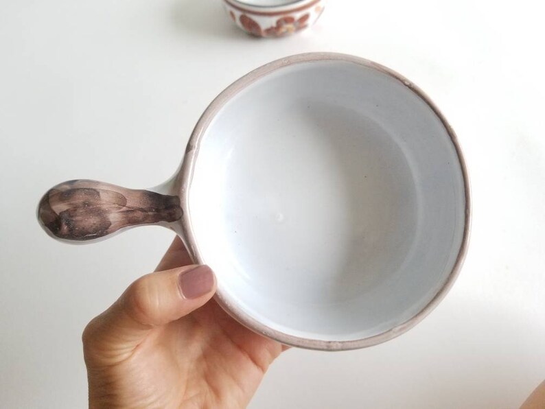 Its Soup Vintage Pair of Italian Glazed Clay Hand Painted Handled Bowls