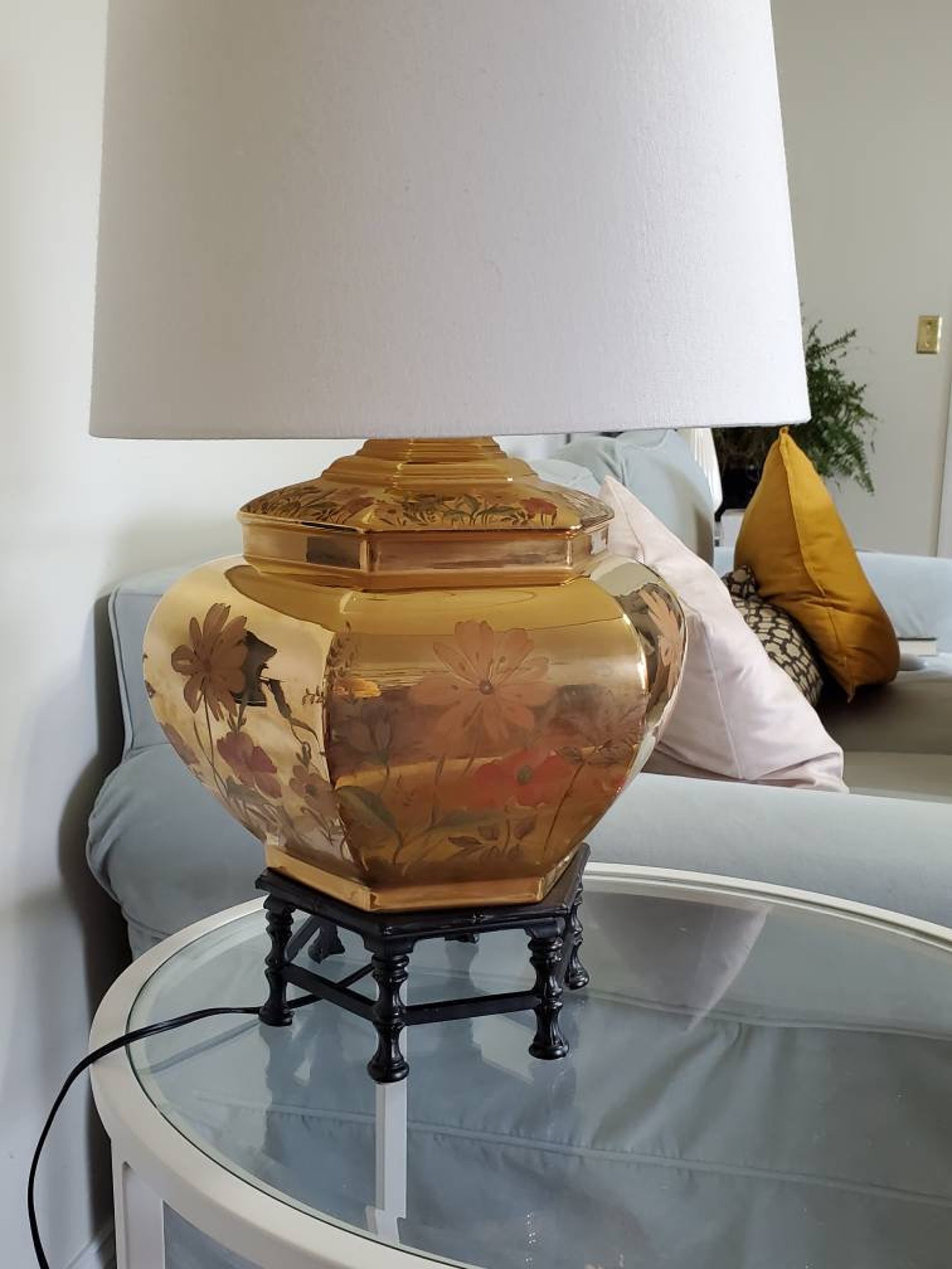 Vintage Brass Urn Lamp with Painted Flowers Etsy