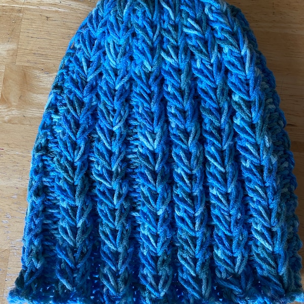 Variegated blue hand knit braided yarn hat, medium sized made with love stylish hygge cold weather headwear, cuddly soft winter accessory