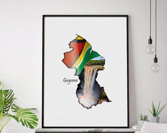 Guyana Map Flag Kaieteur Falls Collage Poster Wall Decor Gift