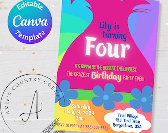 Trolls Party Invitation Template on Canva