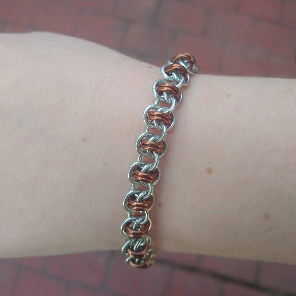 Designer Brown Bracelet, Ready to Ship, Chainmail Bracelet, Aluminum Jewelry, Barrel Weave, Elegant Lightweight Chain Bracelet