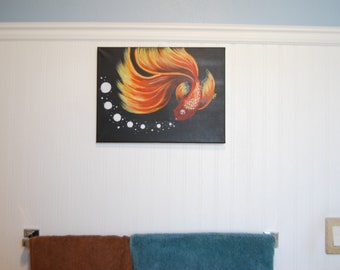 Arte de la pared del pez, lienzo de arte de la pared del pescado, pintura del pescado, arte de pescado, pez blanco rojo-naranja Betta, obra de arte original, decoración de la pared
