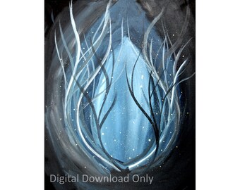 Besneeuwde etherische bomen, digitale print, instant download, modern home decor, Tree Art Print, Printable Wall Art