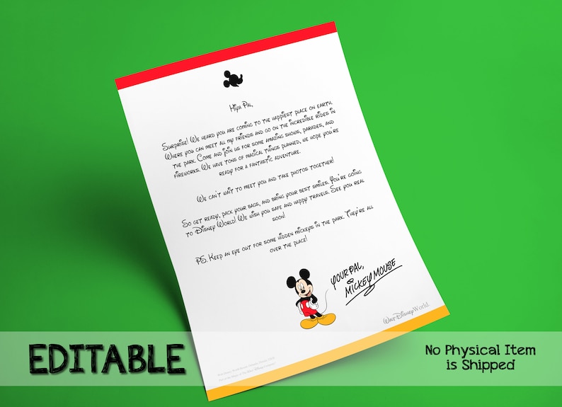 Editable Walt Disney World Surprise Reveal Letter from Mickey Etsy