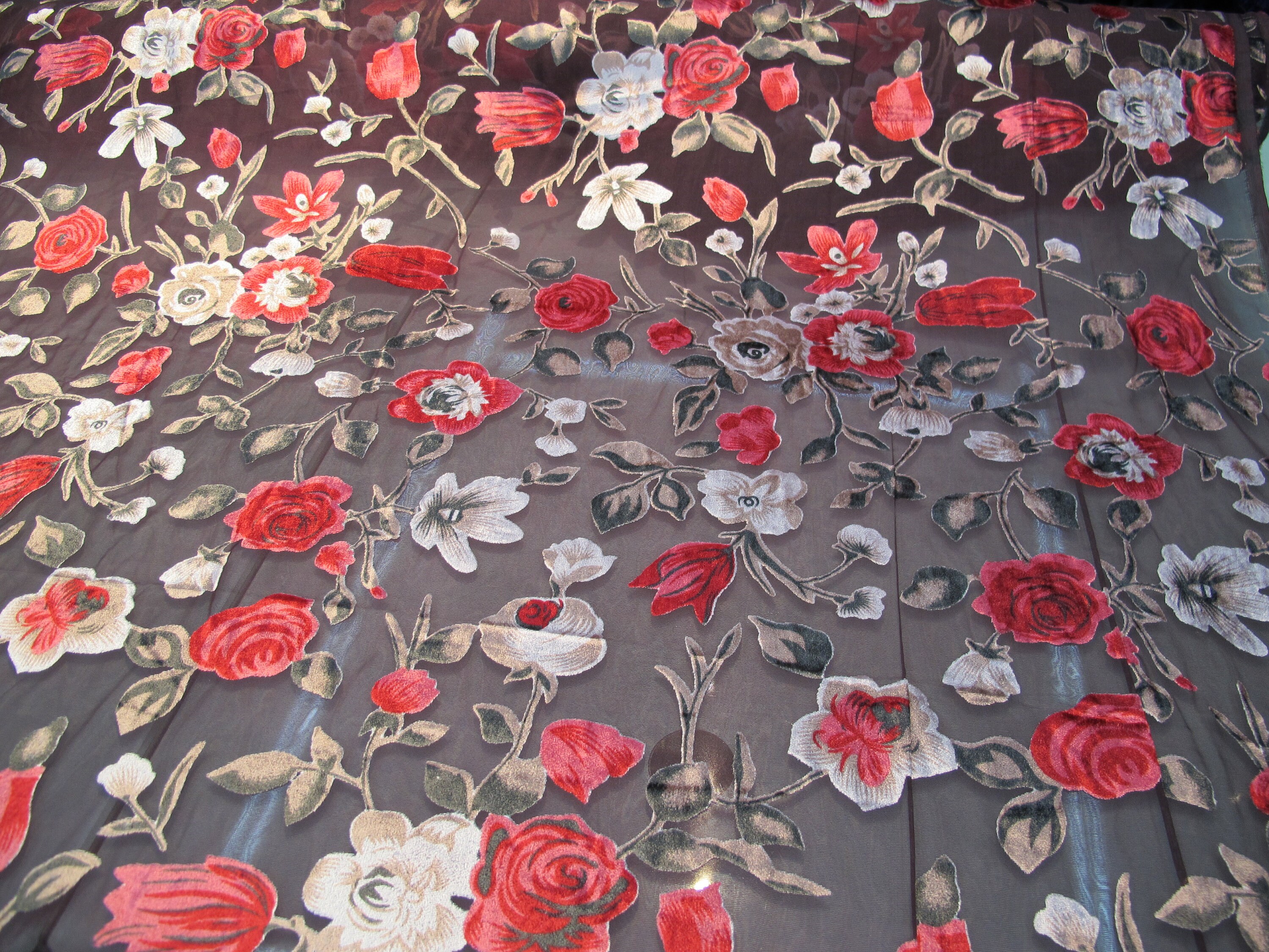 Wine Floral Printed Burnt-Out Velvet Fabric by the Yard