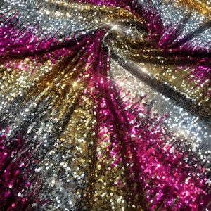 Irredescent irreversible multicolored sequence on stretch fabric 56" wide usable for apparel accessories interior designs theatrical fabrics