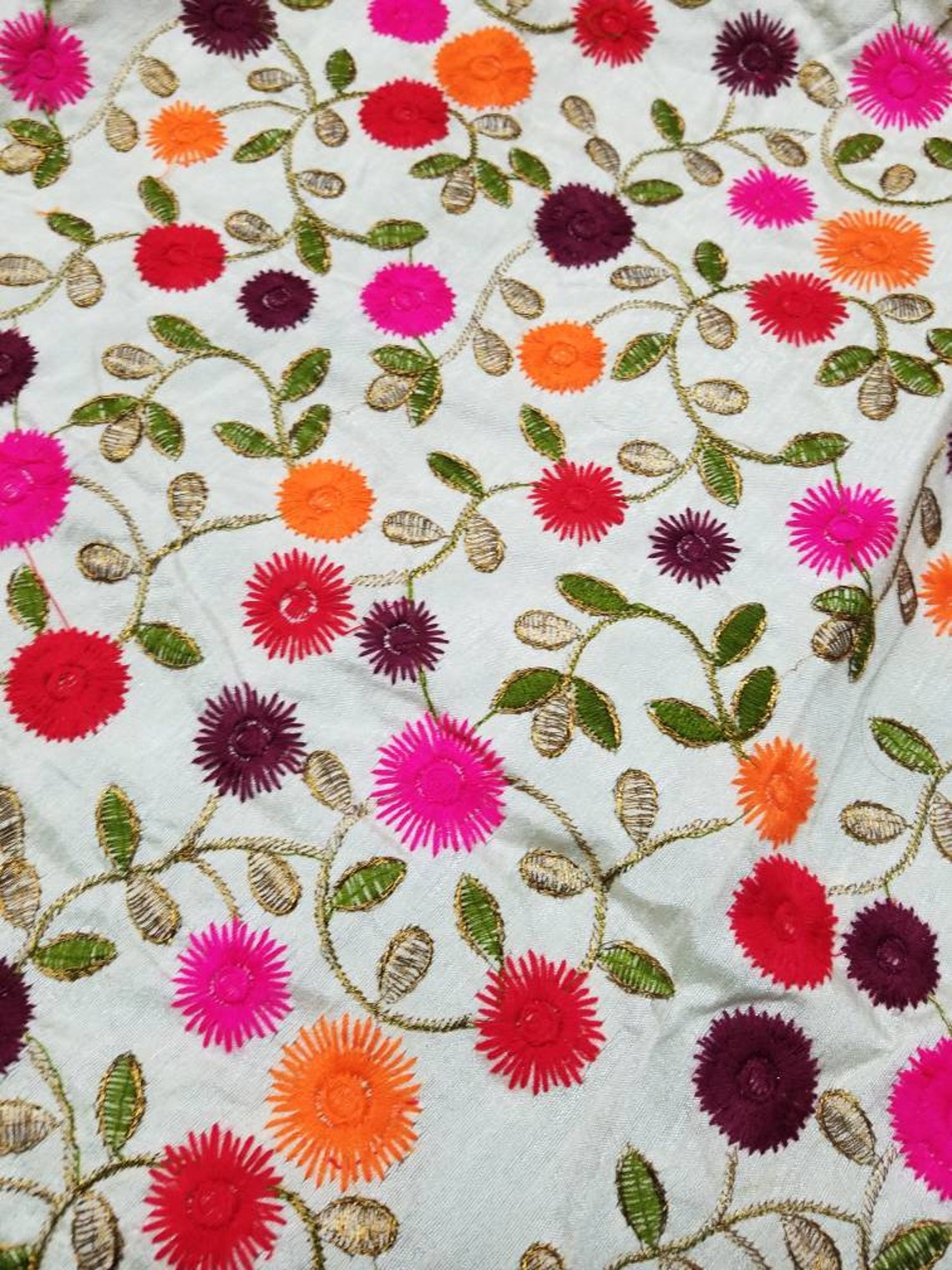 Flowery Border Stitch on Beige Shantung Embroidered Dupioni Silk main image 1