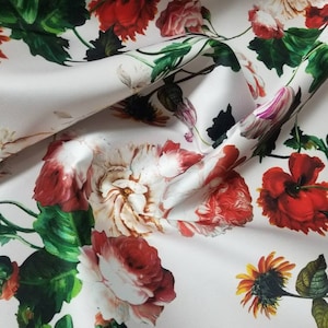 Digitally Printed Flowers and  Abstract  designs on a Premium Mikado/Twill fabric 59/60&quot;.  This luminous, smooth silk-like fabric.