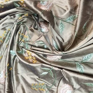 Floral embroidered Silk Shantung Dupion   fabric  54&quot; wide. Can be used for Clothing and Interior Designing.